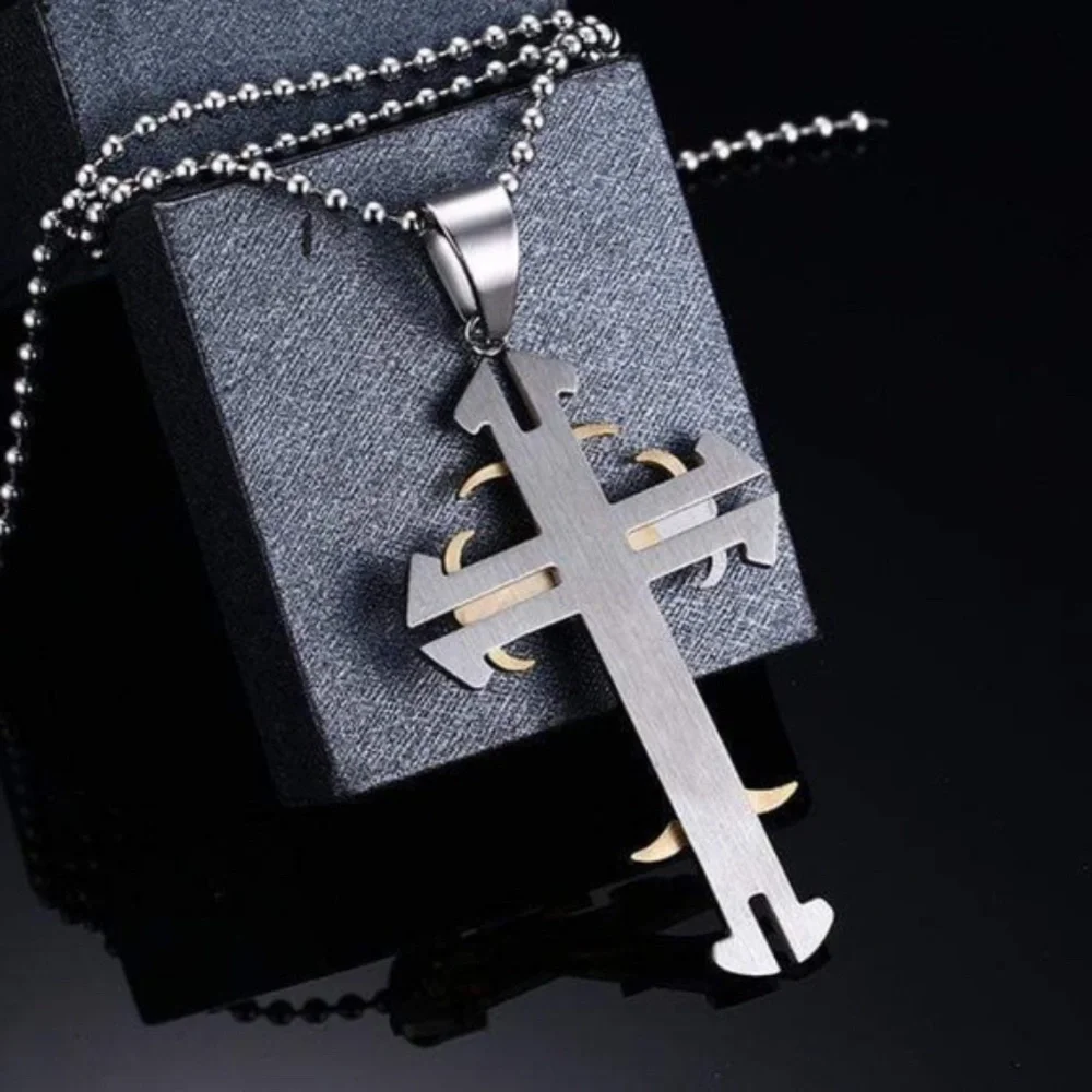 Mens Stainless Steel‎ Silver Tone Cross Pendant Necklace